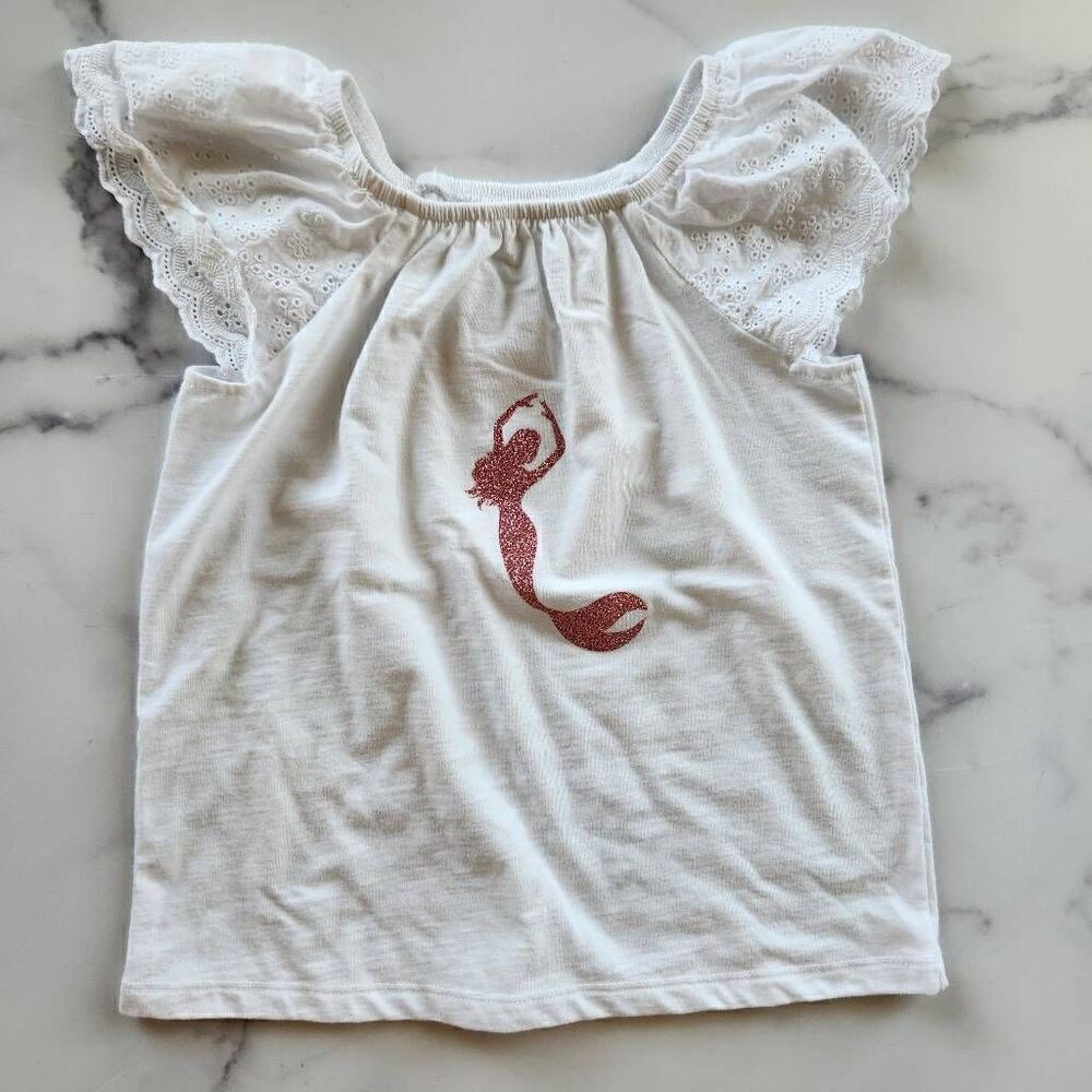 Cat & Jack mermaid rose gold glitter eyelet flutter sleeve girls small 6/7 white